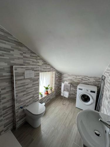 een badkamer met een toilet en een wasmachine bij beb dragonara apartment in Torre Maggiore