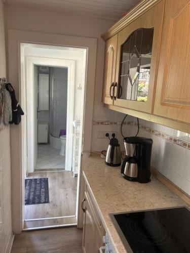 a kitchen with a door leading into a bathroom at Ferienhaus Fjola in Schenkendöbern