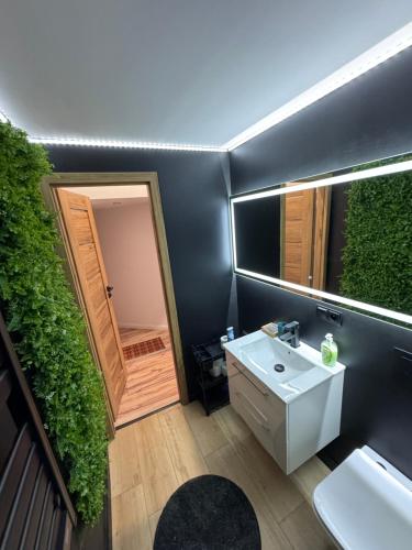 a bathroom with a white sink and a mirror at Apartament w centrum Jeleniej Góry przy ulicy Długiej in Jelenia Góra