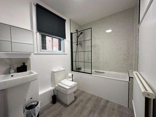 a white bathroom with a toilet and a sink at Ashbrook Stert St 5 bedroom property in Abingdon