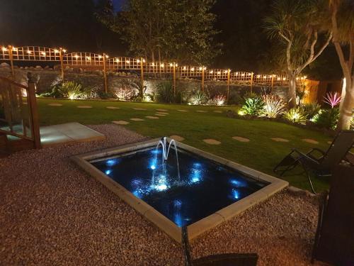 a fountain in the middle of a yard at night at Appletorre House Holiday Flats in Torquay