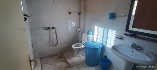 a bathroom with a shower and a toilet and a sink at Ya-Penda in Ndangane