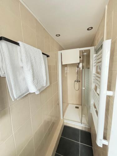 une salle de bain avec une douche et une serviette accrochée au mur dans l'établissement Mavinga Paradis Citadin, à Saint-Denis