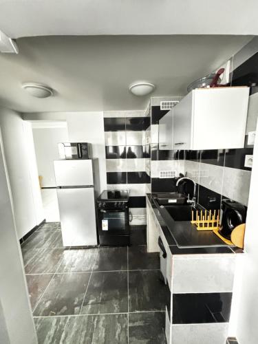 une cuisine avec un évier et un réfrigérateur dans l'établissement Mavinga Paradis Citadin, à Saint-Denis