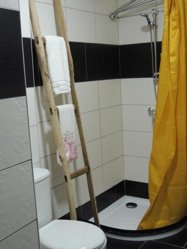 uma casa de banho com uma escada de toalha ao lado de um WC em Casa do Forno em Mondim de Basto