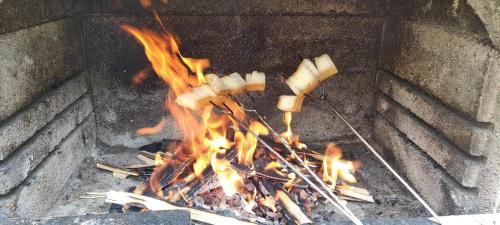 a fire is burning in a brick oven at Pension Panorama in Odorheiu Secuiesc