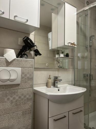 a bathroom with a sink and a glass shower at Apartman Split in Split