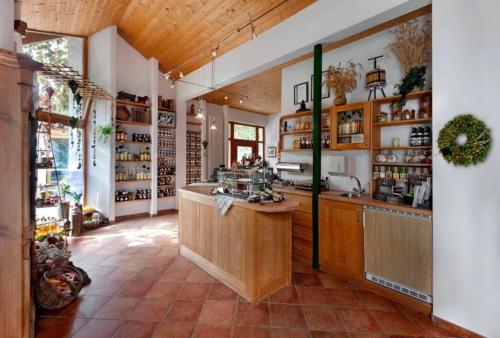 a large kitchen with a counter in a room at GenussHof Pingold in Lilling