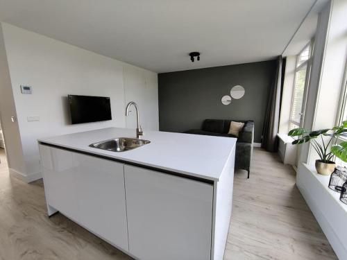 a white kitchen with a sink and a living room at Eindhoven City Apartments H 4P Free public parking in Eindhoven