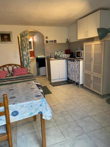 - une cuisine avec une table et un comptoir dans l'établissement Studio au calme à la campagne 10mn centre ville, à Béziers