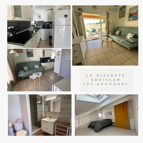 un collage de photos d'une cuisine et d'un salon dans l'établissement La Discrète toute équipée avec piscine, à Gruissan