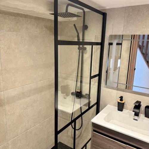 une douche avec une porte vitrée à côté d'un lavabo dans l'établissement Appartement U Diu Grossu, à Bonifacio