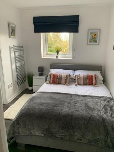 a bedroom with a large bed with a window at Town Centre Apartment in Mold