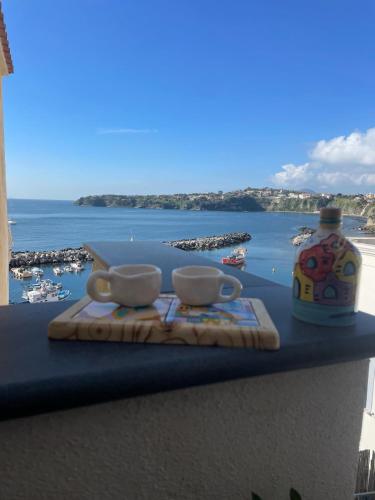 a tray with two cups on a table with a view of the ocean at Bamboo House in Procida
