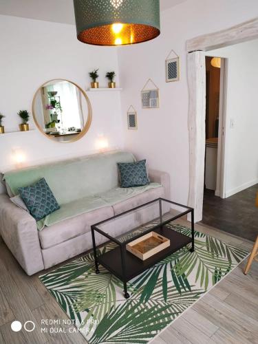 un salon avec un canapé et un miroir dans l'établissement 2 min walk from train station and center of Tours, à Tours