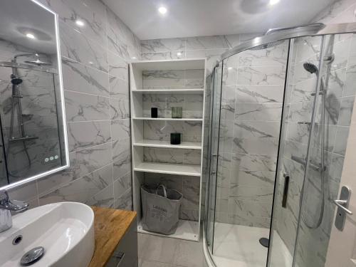 une salle de bain avec douche et lavabo dans l'établissement Vieux Port One Bedroom Apartment B22, à Cannes