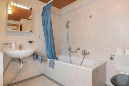 a bathroom with a shower and a sink and a toilet at Apartment Arabelle in Grindelwald
