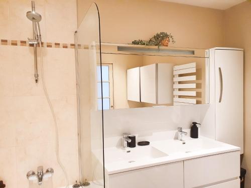 a bathroom with a white sink and a shower at EXIGEHOME - Ici habita Voltaire-Maison en plein centre-ville in Saint-Germain-en-Laye