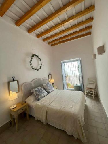 - une chambre avec un lit et une grande fenêtre dans l'établissement AntiQua centro de Vejer con wifi Grupo AC Gestion, à Vejer de la Frontera
