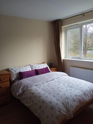 ein Schlafzimmer mit einem Bett mit lila Kissen und einem Fenster in der Unterkunft Highly Comfortable Home in Hatfield