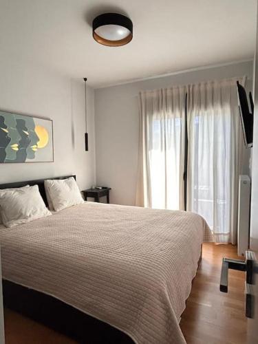ein Schlafzimmer mit einem großen Bett und einem Fenster in der Unterkunft Athenian Sky Lounge in Athen