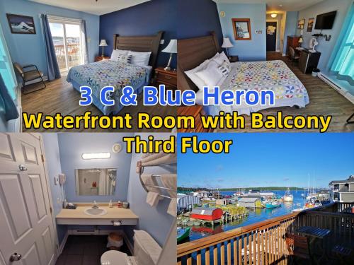 1 dormitorio con baño de gallina azul con suelo de parquet en The Inn at Fisherman's cove, en Halifax
