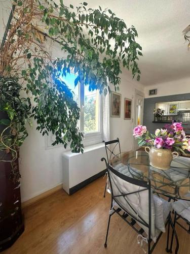 Cette chambre dispose d'une fenêtre et d'une table en verre avec des fleurs. dans l'établissement Appartement Casa Catala, à Canet
