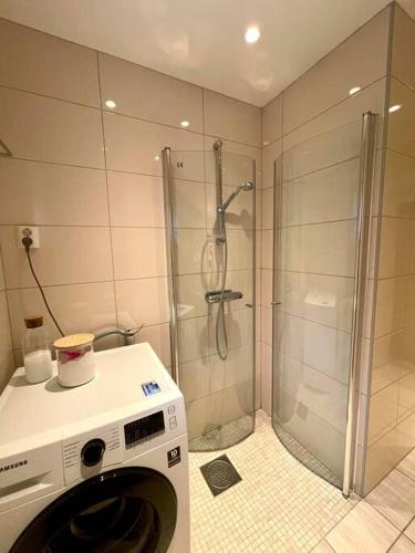 uma máquina de lavar roupa na casa de banho com um chuveiro em Flott 4-roms leilighet til leie em Trondheim