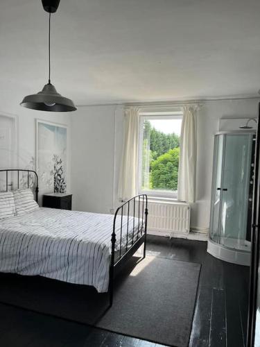 a bedroom with a bed and a large window at Charmante Gentilhommière in Daverdisse