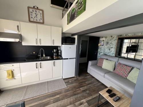 un salon avec un canapé et une cuisine dans l'établissement Studio mezzanine avec clim, piscine, proche plage, ascenseur, lave-linge - FR-1-702-27, au Cap d'Agde
