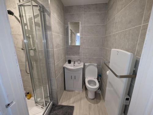 a bathroom with a shower and a toilet and a sink at Shakespeare's Stay in Stratford-upon-Avon
