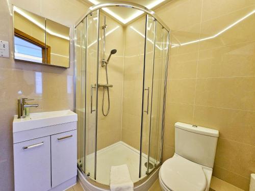 a bathroom with a shower and a toilet and a sink at London Stay Apartments in London