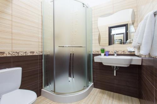 a bathroom with a shower and a sink and a toilet at Hotel Voyage in Kharkiv