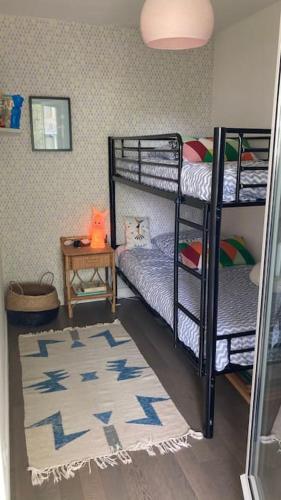 une chambre avec deux lits superposés et un tapis dans l'établissement Appartement cosy, vue sur parc, 3 mins plage Benoit, à La Baule