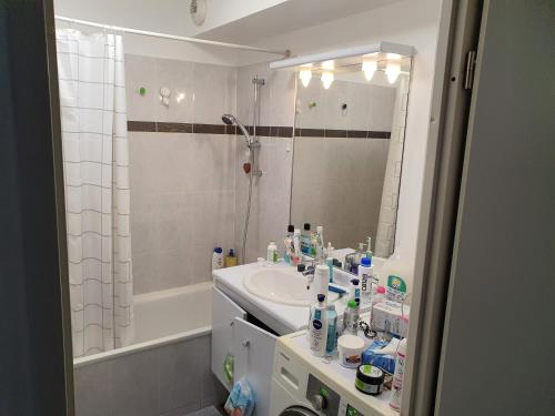 La salle de bains est pourvue d'un lavabo, d'une douche et d'un miroir. dans l'établissement Sublime appartement climatisé proche Orly pour 8 personnes, à Vigneux-sur-Seine