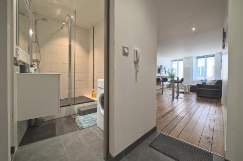 Il comprend un salon et une salle de bains pourvue d'une douche à l'italienne. dans l'établissement UnSejourAMetz - Les douillets, du T2 au T3, hyper-centre, à Metz