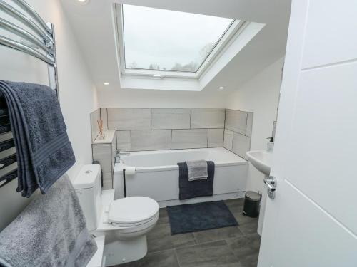 a bathroom with a toilet and a bath tub and a window at Springwell Lodge in Exeter