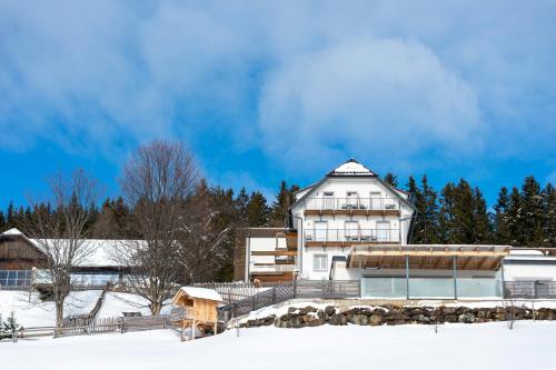ein großes weißes Gebäude im Schnee in der Unterkunft Familienhotel Berger in Sankt Jakob im Walde