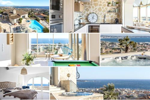 eine Collage mit Fotos eines Hauses in der Unterkunft Villa Bastide : Sea view / Hot Tub / Sauna in Vallauris