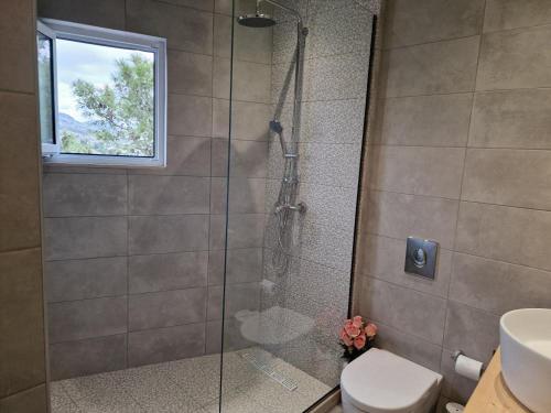 La salle de bains est pourvue d'une douche, de toilettes et d'un lavabo. dans l'établissement SOLYMAR PRIVE, à Archangelos