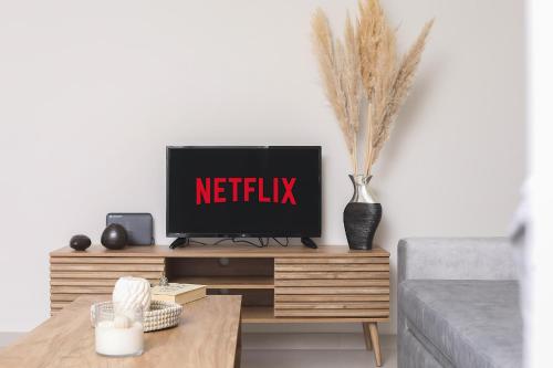 a living room with a tv with the netflix sign on it at JΕΝΑ House in (( Agía Eleoúsa ))