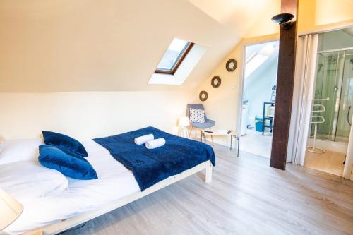 een slaapkamer met een bed met blauwe kussens bij L'essentiel - Appart. Charming in Tours in Tours