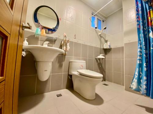 une salle de bain avec toilettes, lavabo et miroir dans l'établissement 鐵花108 民宿, à Taïtung