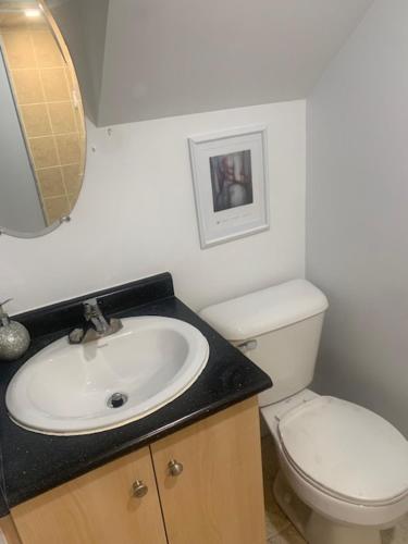 a bathroom with a sink and a toilet and a mirror at Cosy comfortable basement apartment. in Toronto