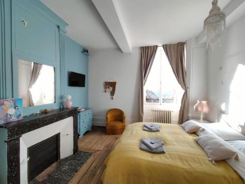 - une chambre avec un lit et une cheminée dans l'établissement Maison Séraphine - Guest house - Bed and Breakfast, à Laon