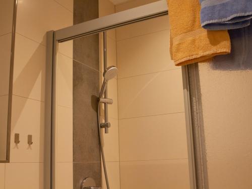 a shower with a glass door in a bathroom at Gasthof Seehof in Illmensee