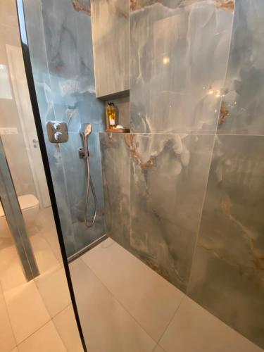 a shower with a glass door in a bathroom at Apartman s terasou, v novostavbe in Prague