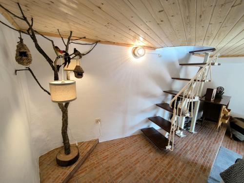 um quarto com uma escada em espiral e uma árvore em Canastro Nature Spot em Viseu