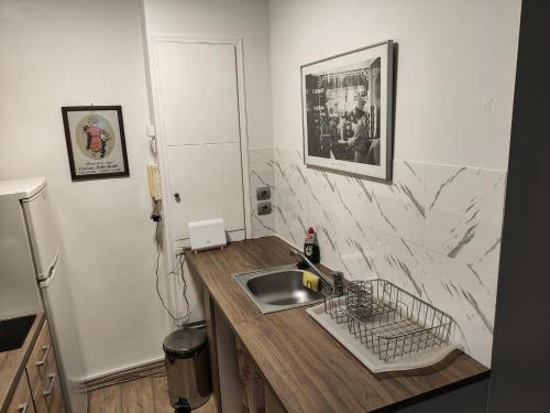 uma cozinha com um lavatório e uma bancada em Ulysses Apartments Monastiraki em Atenas
