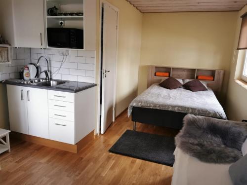 a small bedroom with a bed and a sink at Līdumnieki in Vērgale